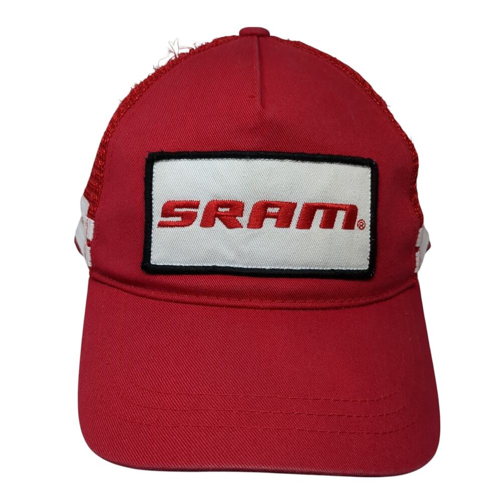 Sram Snapback Trucker Hat Red One Size Adjustable Embroidered Mesh Back Striped